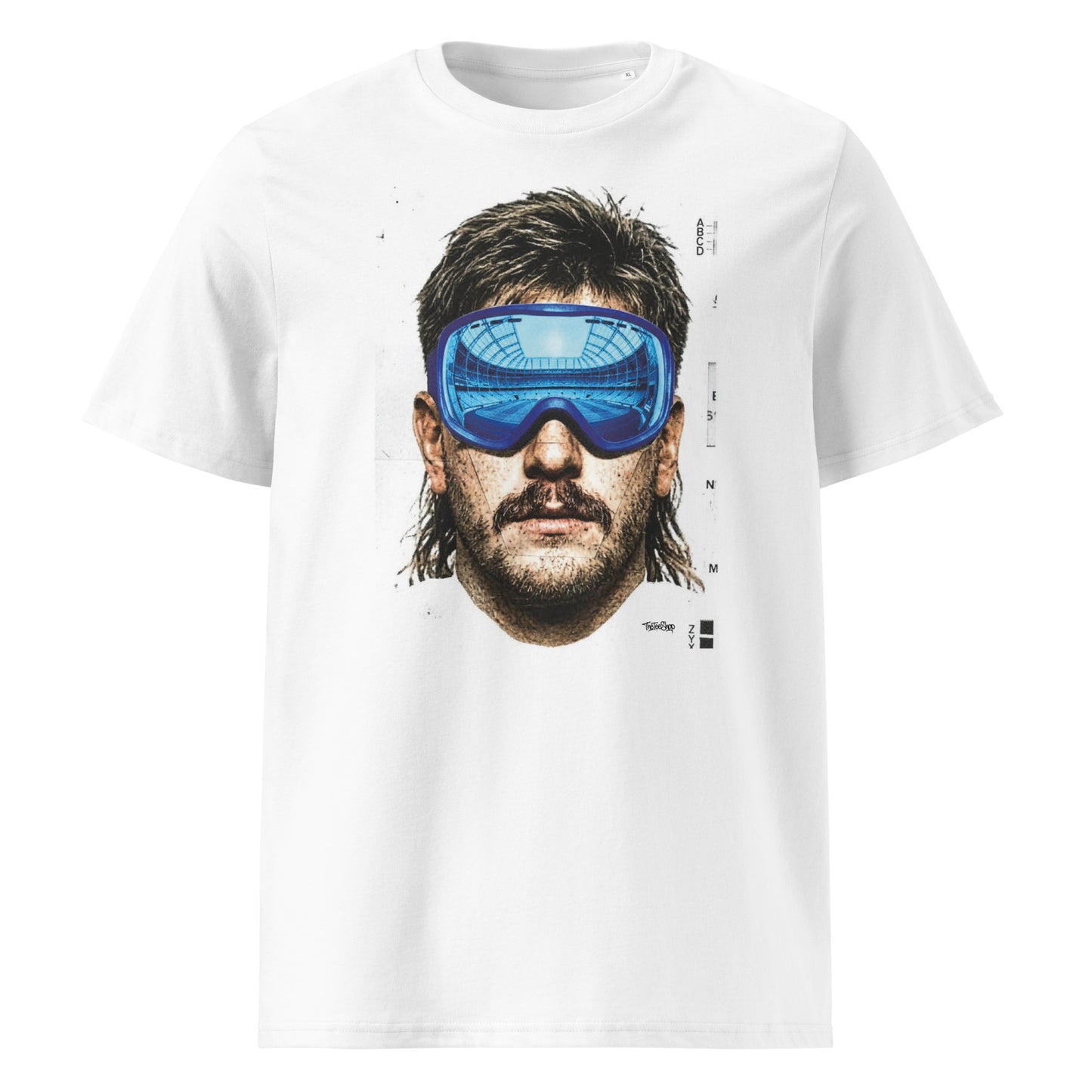 White t-shirt front view with an illustrated rugby lock portrait wearing Leinster blue ski goggles showing a stadium reflection