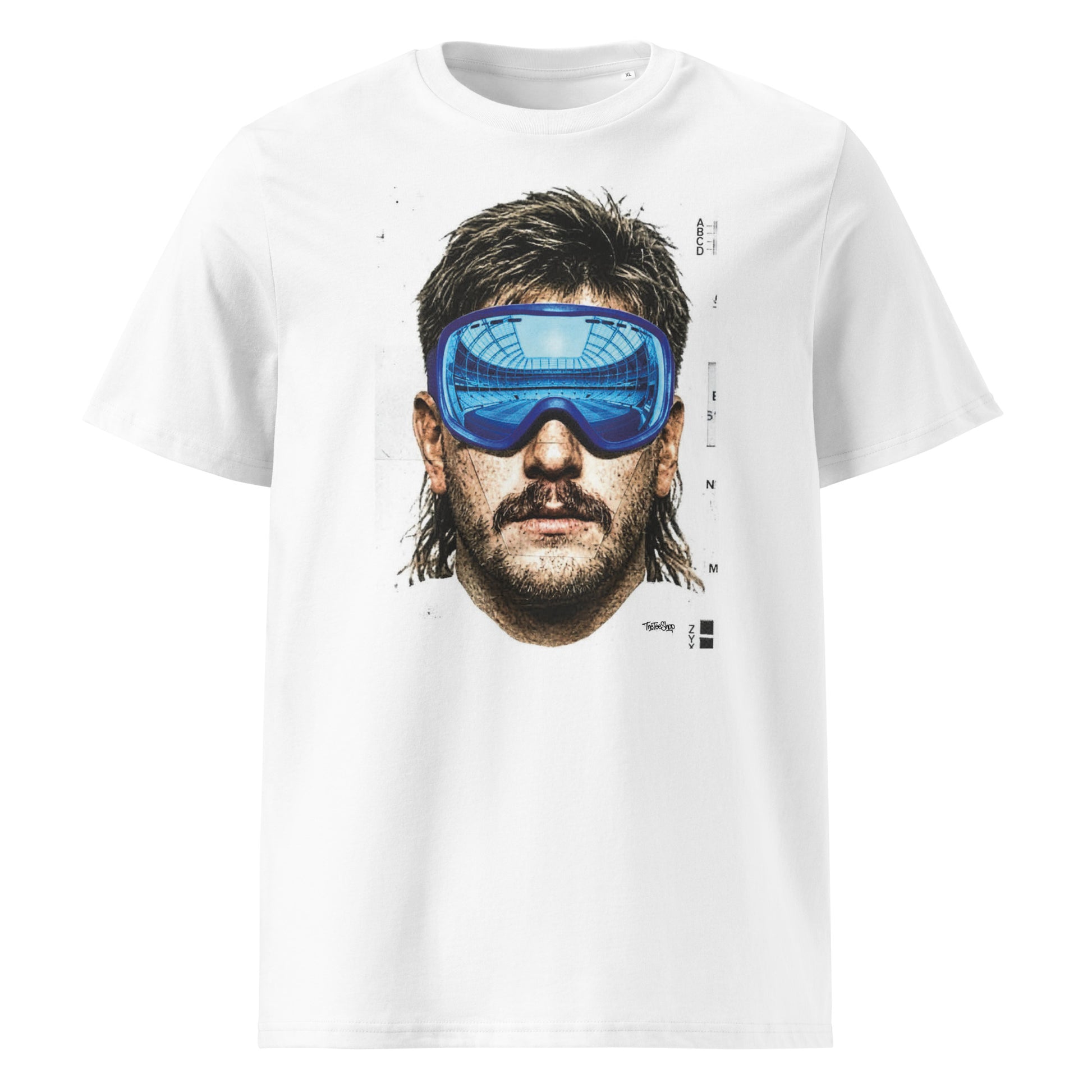 White t-shirt front view with an illustrated rugby lock portrait wearing Leinster blue ski goggles showing a stadium reflection