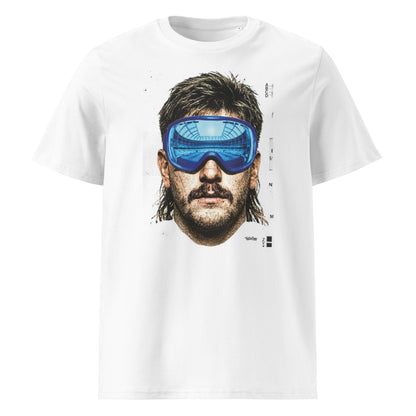White t-shirt front view with an illustrated rugby lock portrait wearing Leinster blue ski goggles showing a stadium reflection