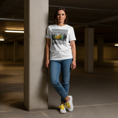 Female model in a white Only Fools & Horse Power Graffiti T‑Shirt, blue jeans and white trainers with yellow laces, leaning against a concrete pillar in a moody yellow‑lit underground car park.