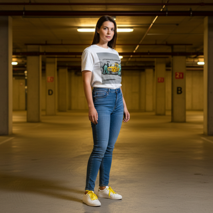 Female model wearing a white Only Fools & Horse Power Graffiti T‑Shirt, blue high‑waisted jeans and white trainers with yellow laces, standing three‑quarter to camera in an underground car park with yellow lighting.
