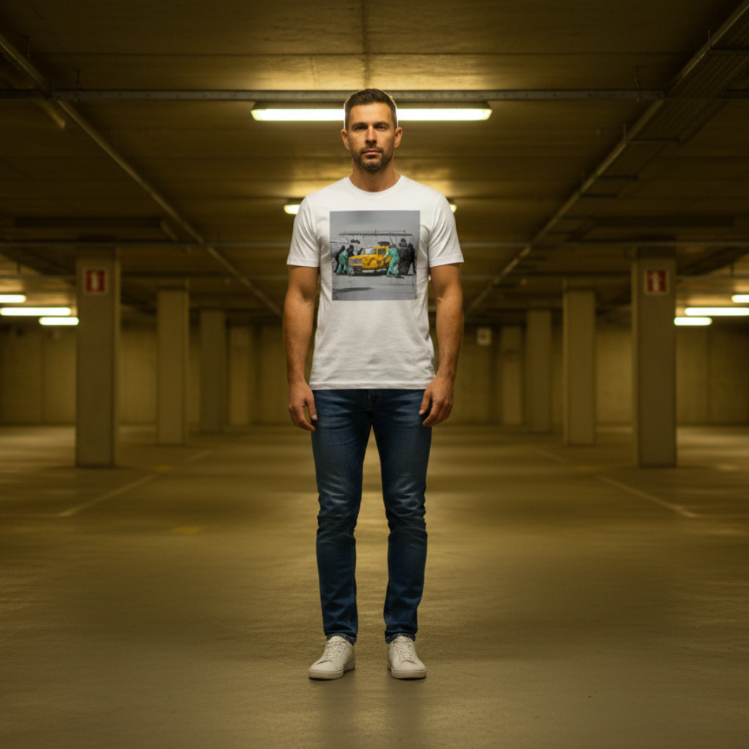Male model wearing a white Only Fools & Horse Power Graffiti T‑Shirt with a yellow three‑wheeled car pit stop design, blue jeans and white trainers, standing in an underground car park with yellow lighting.