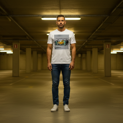 Male model wearing a white Only Fools & Horse Power Graffiti T‑Shirt with a yellow three‑wheeled car pit stop design, blue jeans and white trainers, standing in an underground car park with yellow lighting.