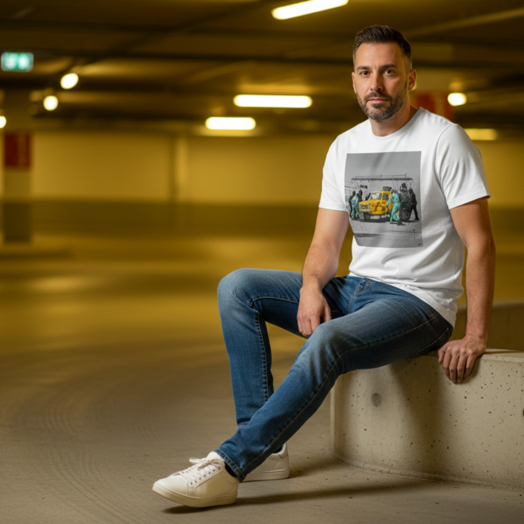 Male model in a white Only Fools & Horse Power Graffiti T‑Shirt, blue jeans and white trainers, seated on a concrete barrier in a yellow‑lit underground car park.