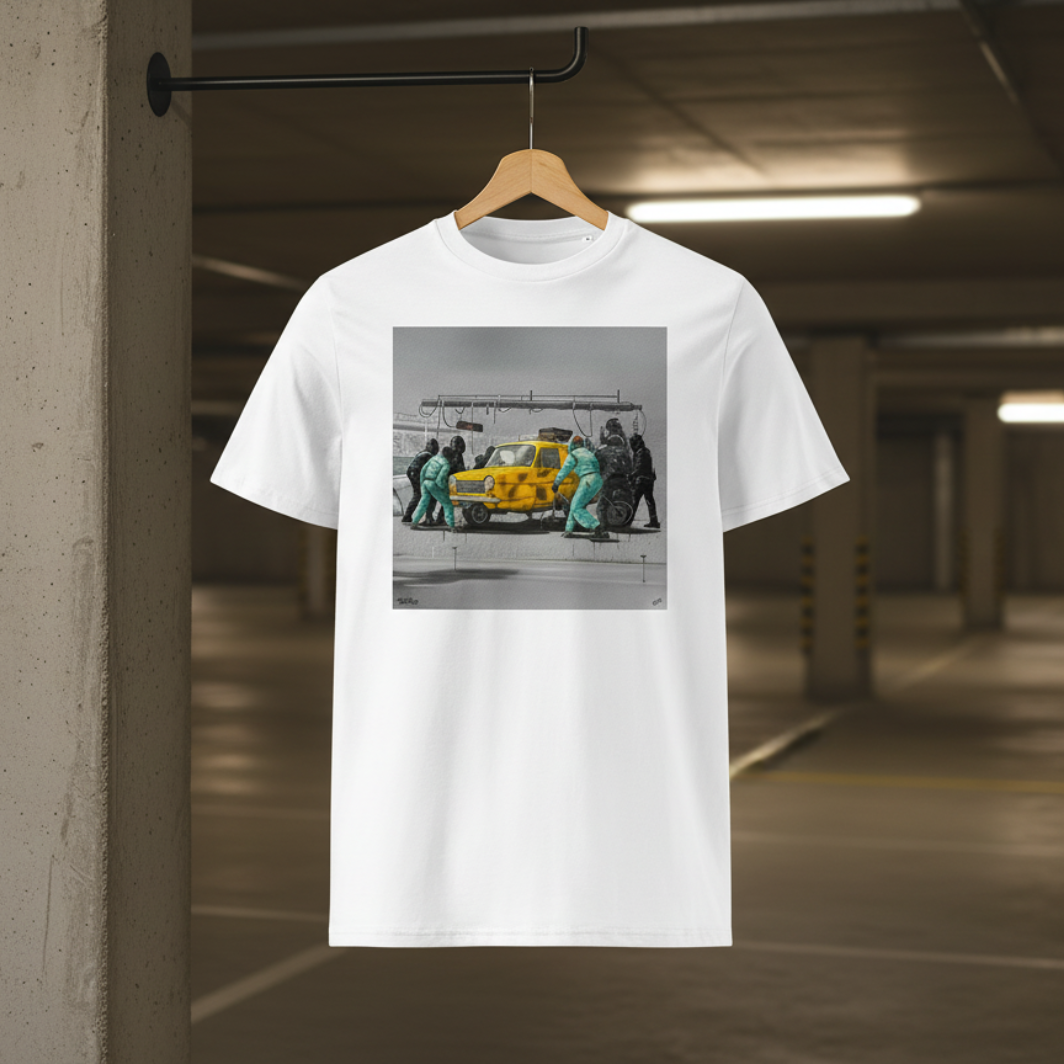White Only Fools & Horse Power Graffiti T‑Shirt with a yellow three‑wheeled car pit stop design hanging on a wooden hanger in an underground car park, with concrete background and yellow lighting.
