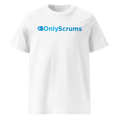 White unisex t‑shirt with “Only Scrums” text logo printed on the front