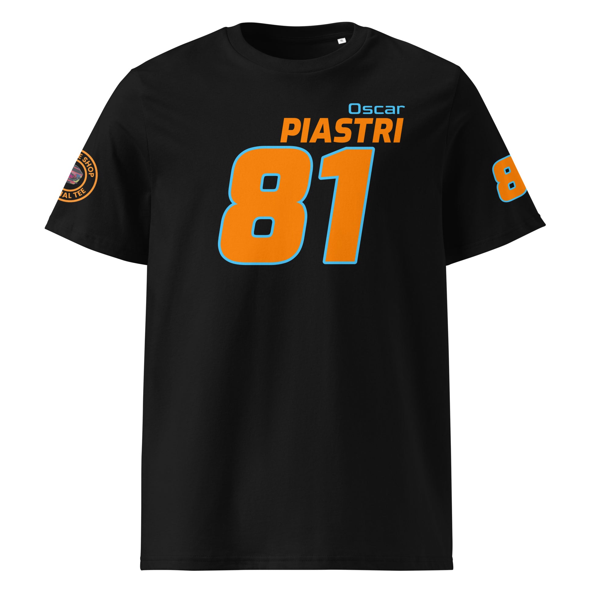 View the front of the black Oscar Piastri T-Shirt, featuring "Oscar Piastri" and the number "81" in orange and blue. Perfect for F1 fans and petrol heads.