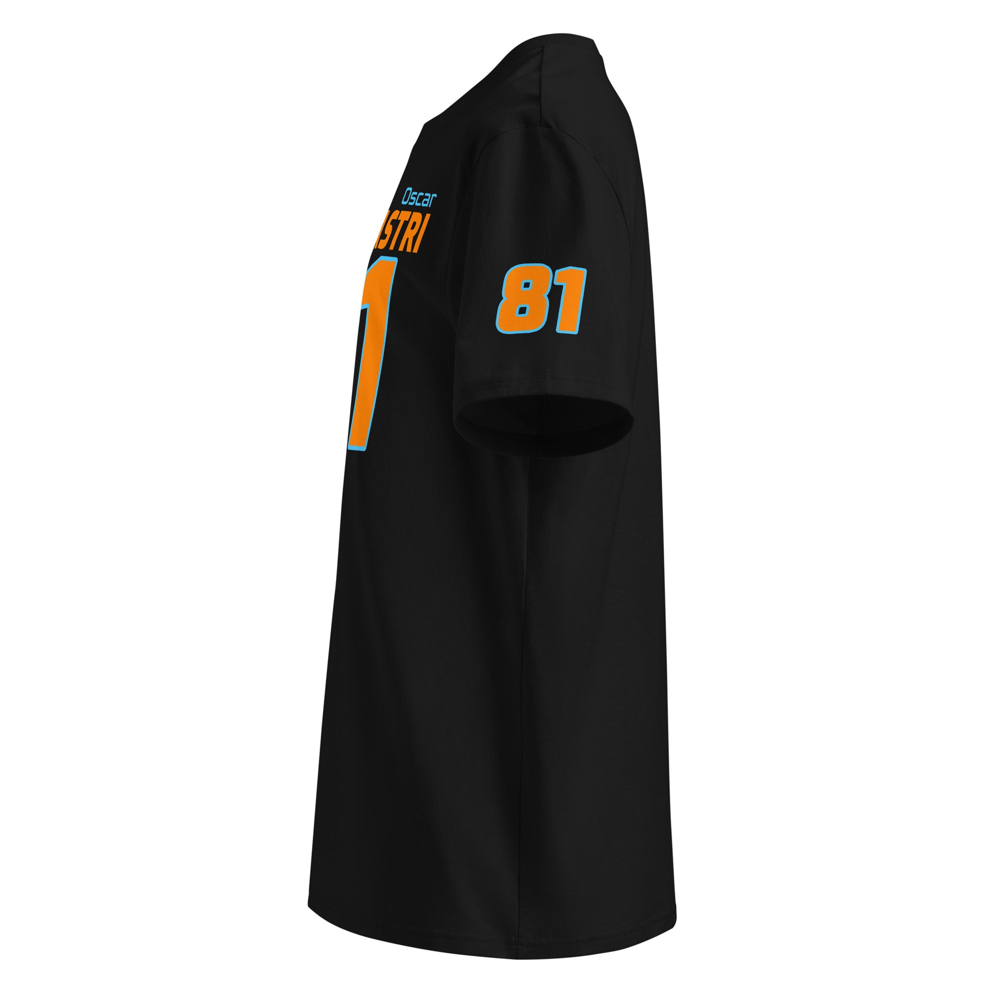 See the left sleeve of the black Oscar Piastri T-Shirt, featuring the McLaren Racing Official Team logo. Ideal for car meets and shows.