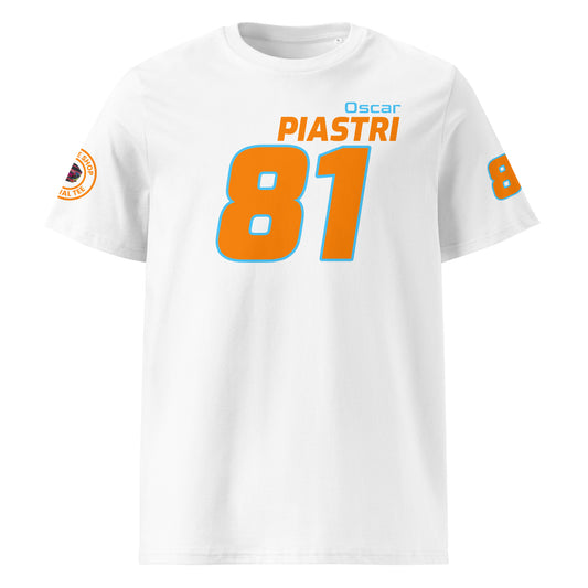 View the front of the white Oscar Piastri T-Shirt, featuring "Oscar Piastri" and the number "81" in orange and blue. Perfect for F1 fans and petrol heads.