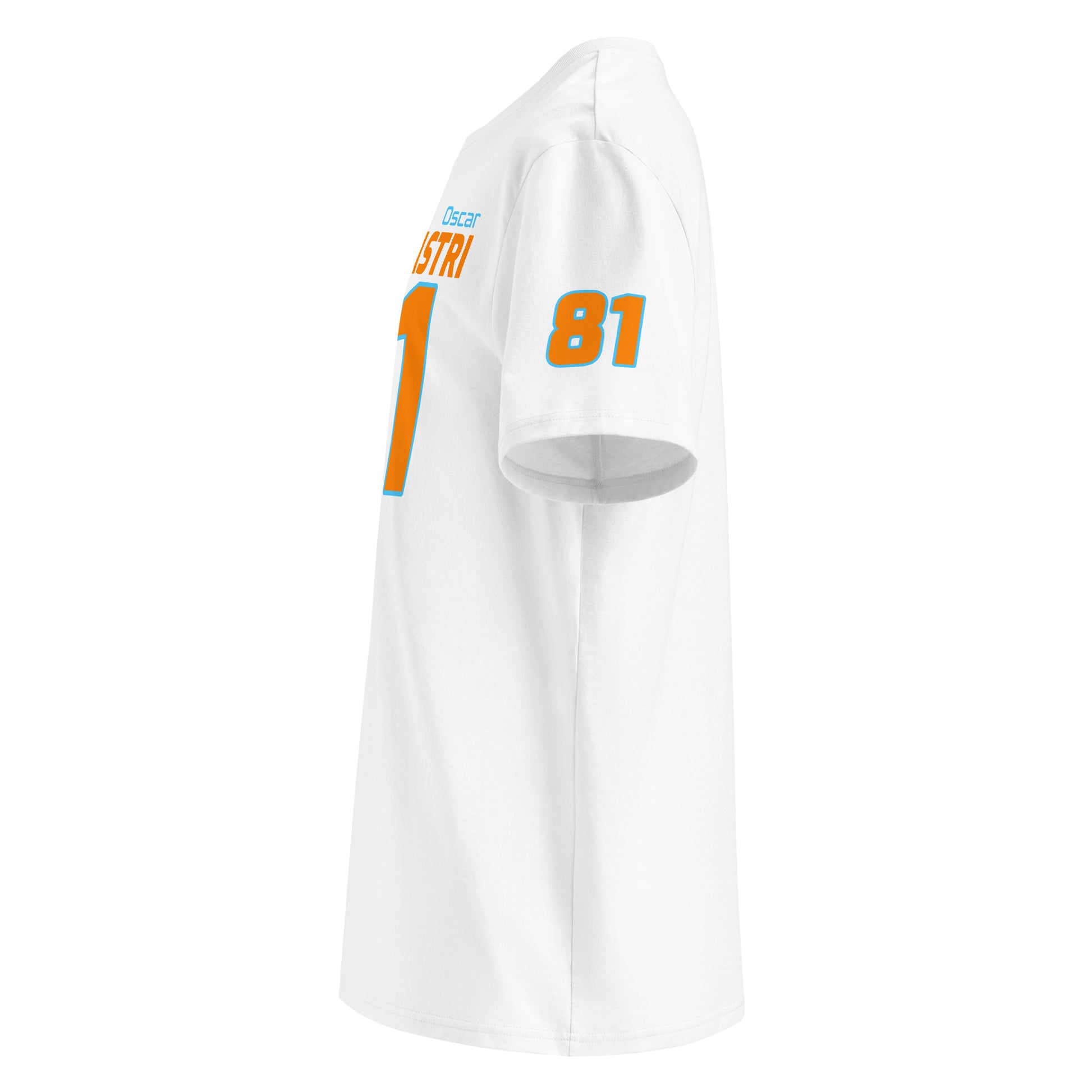 See the left sleeve of the white Oscar Piastri T-Shirt, featuring the McLaren Racing Official Team logo. Ideal for car meets and shows.