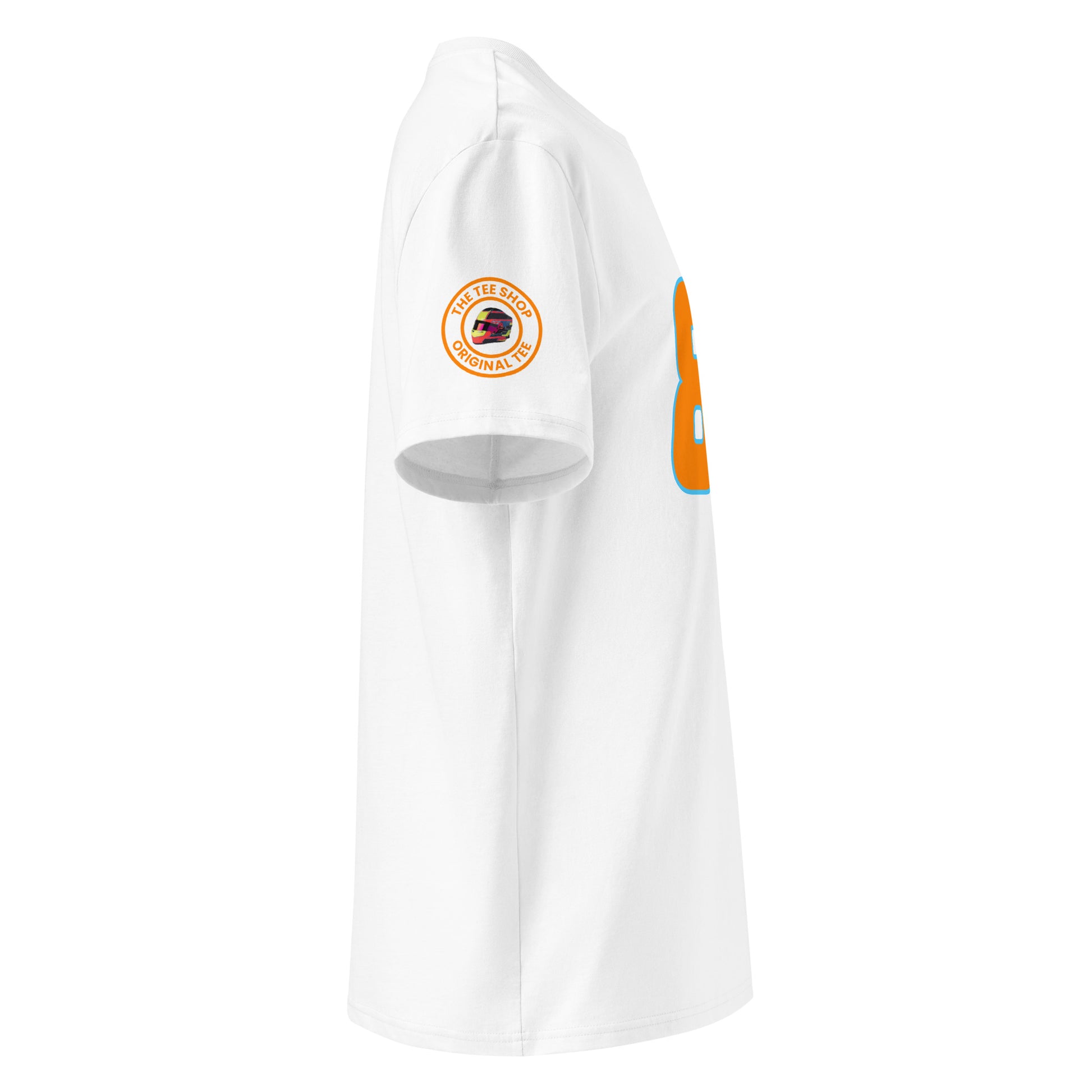 Check out the right sleeve of the white Oscar Piastri T-Shirt, showcasing TheTeeShop logo with a unique image correlating to Oscar Piastri.