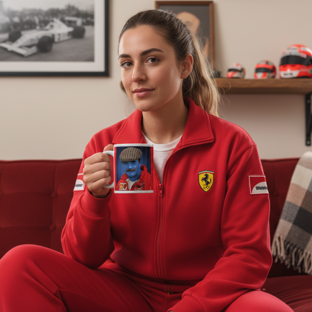 Female fan in vintage or red homewear, enjoying a hot drink from the Our Nige Mug while relaxing on the sofa with classic racing décor in the background.
