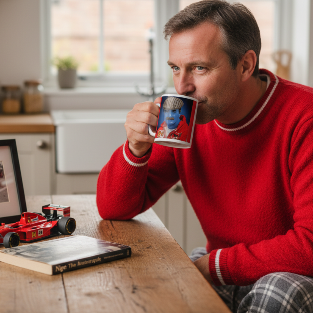 Male fan in retro racing loungewear, drinking from the Our Nige Mug at home, with classic racing memorabilia in the background.