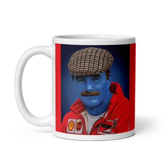 White ceramic 11oz mug with a bold red border featuring a pop-art style portrait of Nigel Mansell in a Ferrari red racing suit, blue-tinted face, and his signature checked flat cap.