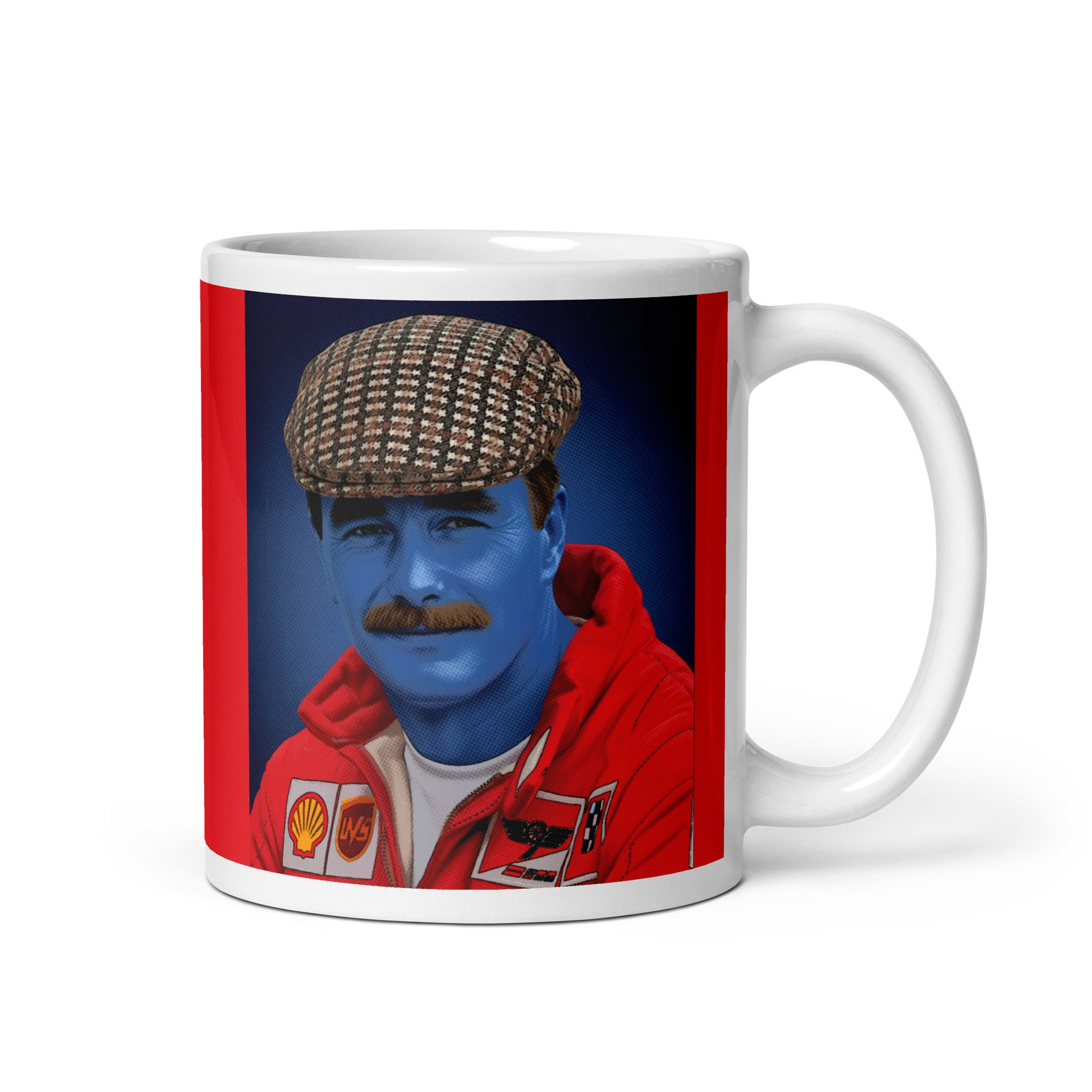 White ceramic 11oz mug with a bold red border featuring a pop-art style portrait of a man in a red racing suit, blue-tinted face, and signature checked flat cap.