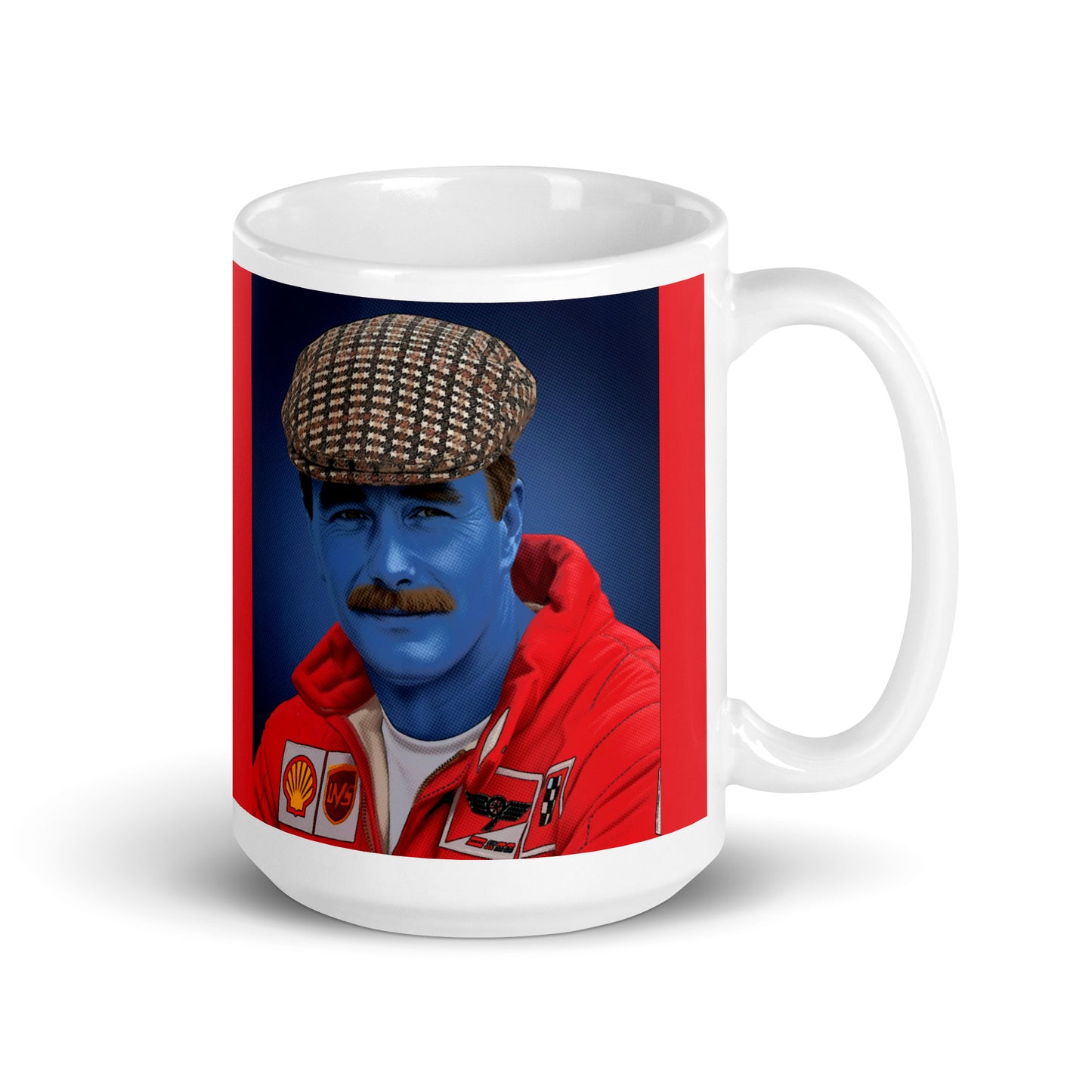 White ceramic 15oz mug with a bold red border featuring a pop-art style portrait of a man in a red racing suit, blue-tinted face, and a signature checked flat cap.