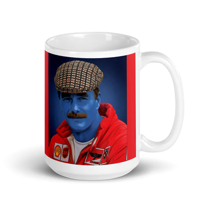 White ceramic 15oz mug with a bold red border featuring a pop-art style portrait of a man in a red racing suit, blue-tinted face, and a signature checked flat cap.