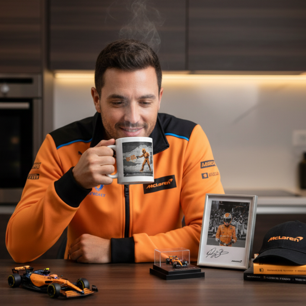 Male F1 fan in papaya loungewear, drinking from the PAPAYA BOX BOX Mug at home, with McLaren memorabilia in the background.