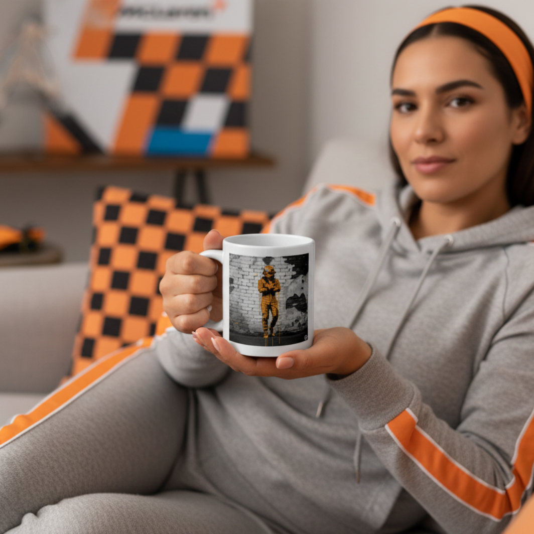 Female F1 fan in sporty homewear, enjoying a hot drink from the PAPAYA Driver Mood Mug while relaxing on the sofa with McLaren or motorsport décor in the background.