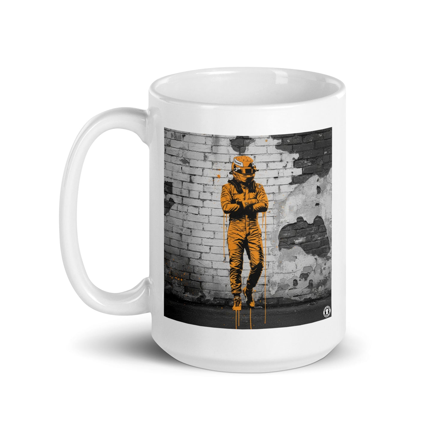 White ceramic 15oz mug featuring a street art illustration of a racing driver in a papaya suit, arms crossed, standing against a distressed brick wall, inspired by McLaren F1.