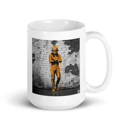 White ceramic 15oz mug featuring a street art illustration of a racing driver in a papaya suit, arms crossed, standing against a distressed brick wall, inspired by McLaren F1.