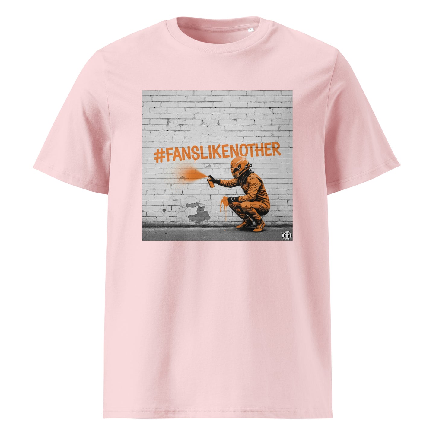 Cotton Pink organic cotton F1 t-shirt with Papaya Fans Like No Other graffiti art design, featuring an F1 driver spray painting #FANSLIKENOOTHER in papaya orange on a brick wall. Perfect for McLaren fans and the Papaya Army.
