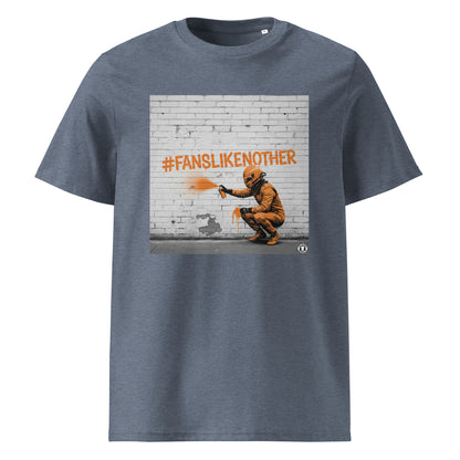 Dark Heather Blue organic cotton F1 t-shirt with Papaya Fans Like No Other graffiti art design, featuring an F1 driver spray painting #FANSLIKENOOTHER in papaya orange on a brick wall. Perfect for McLaren fans and the Papaya Army.
