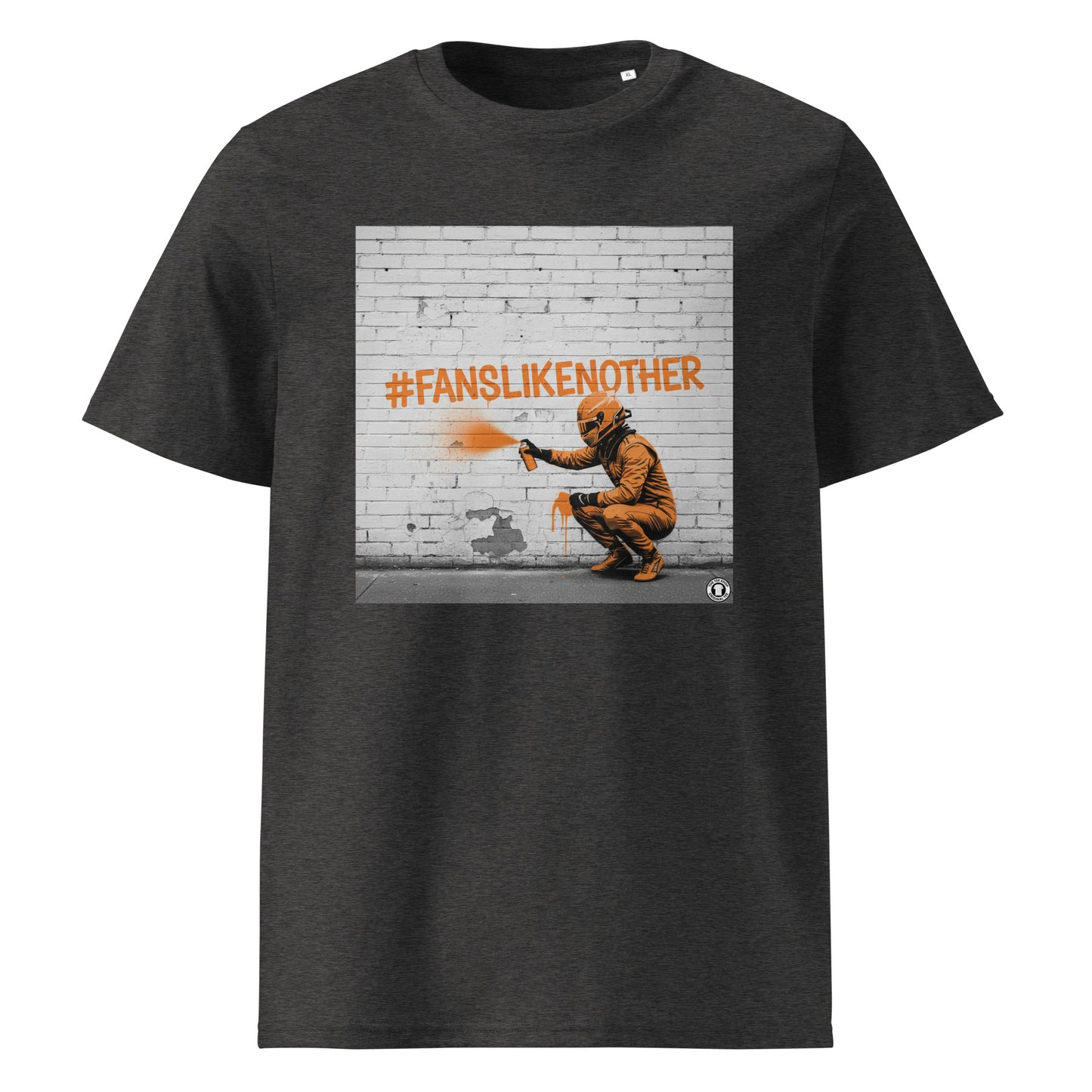 Dark Heather Grey organic cotton F1 t-shirt with Papaya Fans Like No Other graffiti art design, featuring an F1 driver spray painting #FANSLIKENOOTHER in papaya orange on a brick wall. Perfect for McLaren fans and the Papaya Army.