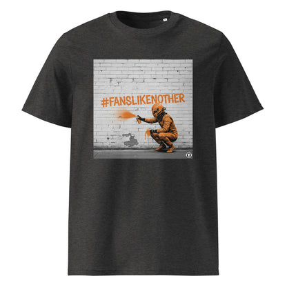 Dark Heather Grey organic cotton F1 t-shirt with Papaya Fans Like No Other graffiti art design, featuring an F1 driver spray painting #FANSLIKENOOTHER in papaya orange on a brick wall. Perfect for McLaren fans and the Papaya Army.