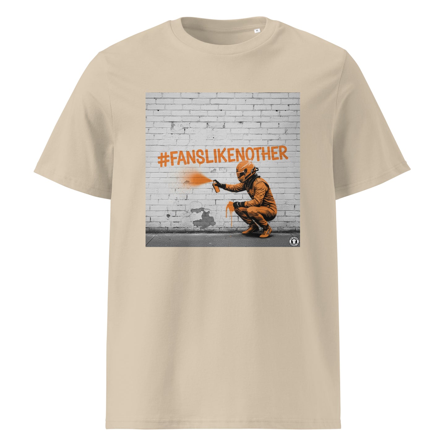 Desert Dust organic cotton F1 t-shirt with Papaya Fans Like No Other graffiti art design, featuring an F1 driver spray painting #FANSLIKENOOTHER in papaya orange on a brick wall. Perfect for McLaren fans and the Papaya Army.
