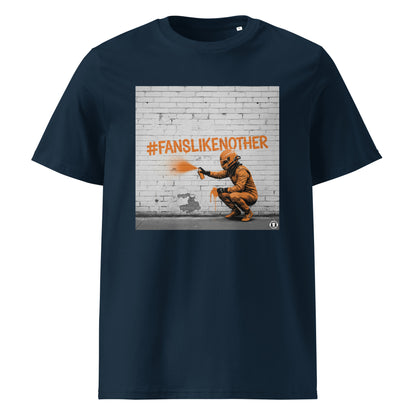 French navy organic cotton F1 t-shirt with Papaya Fans Like No Other graffiti art design, featuring an F1 driver spray painting #FANSLIKENOOTHER in papaya orange on a brick wall. Perfect for McLaren fans and the Papaya Army.
