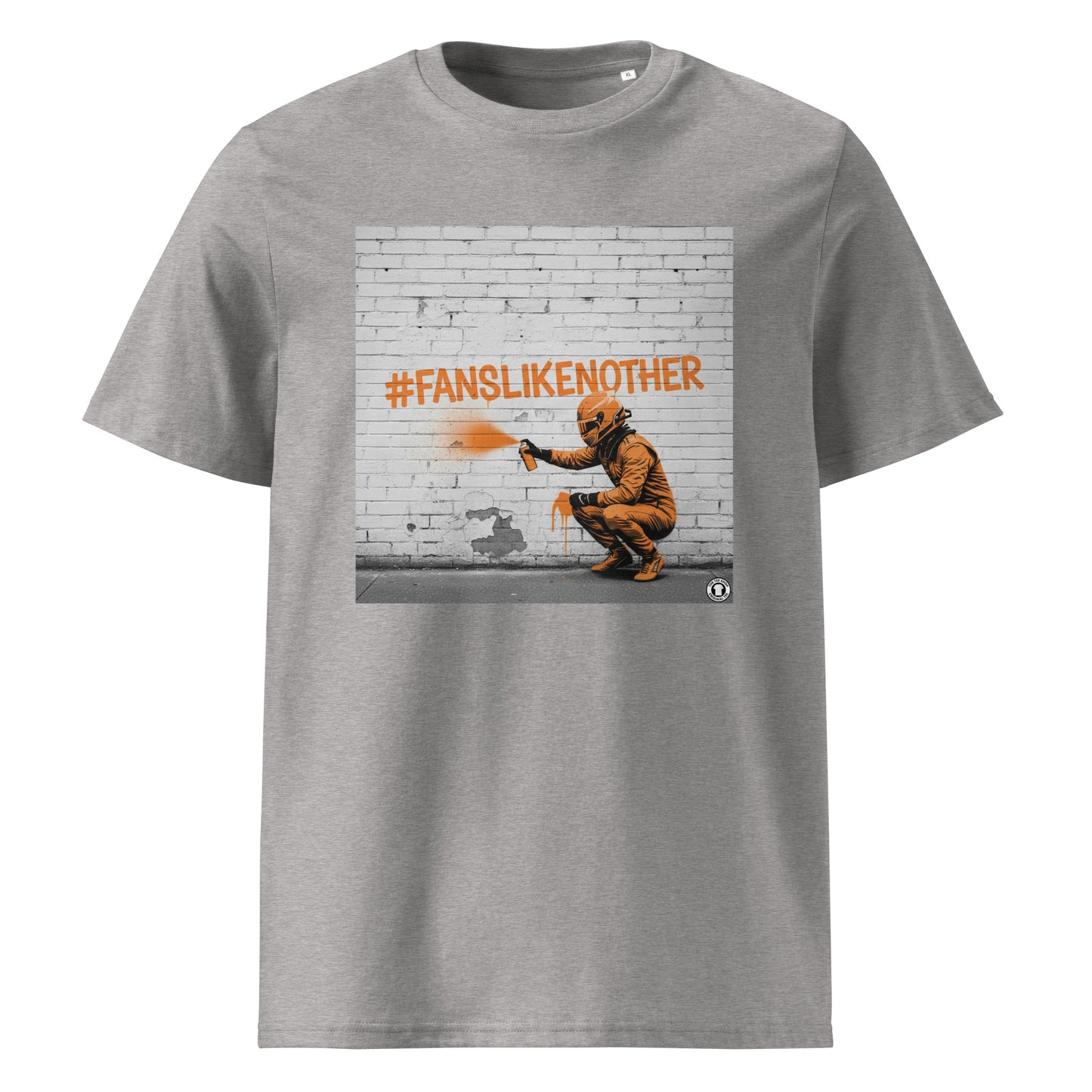 Heather Grey organic cotton F1 t-shirt with Papaya Fans Like No Other graffiti art design, featuring an F1 driver spray painting #FANSLIKENOOTHER in papaya orange on a brick wall. Perfect for McLaren fans and the Papaya Army.
