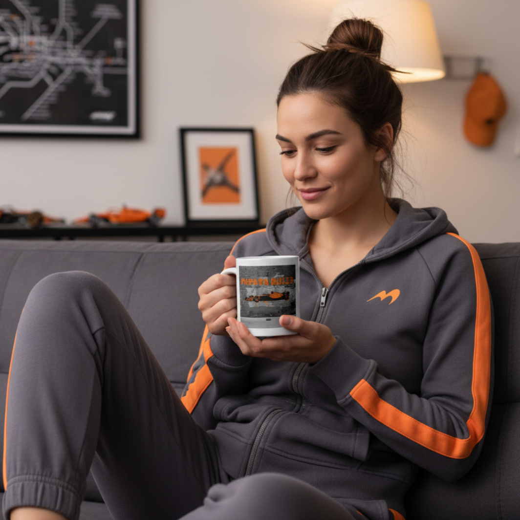 Female F1 fan in sporty homewear, enjoying a hot drink from the PAPAYA Rules 2.0 Mug while relaxing on the sofa with McLaren or motorsport décor in the background.