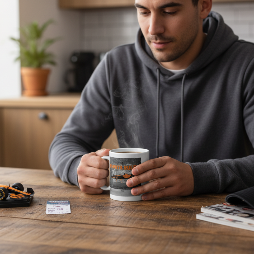 Male F1 fan in papaya loungewear, drinking from the PAPAYA Rules 2.0 Mug at home, with McLaren memorabilia in the background.