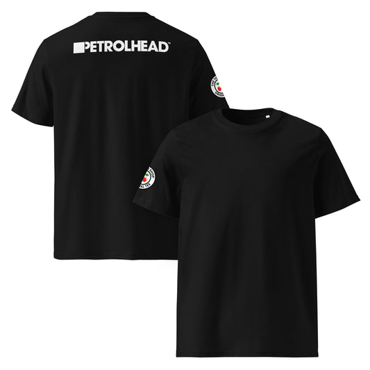 Front and back view of black unisex t-shirt with a plain design and no chest print. Bold white PETROLHEAD™ slogan printed across the upper back. DTF print, minimalist car meet and music fan style.