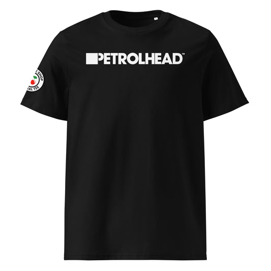 Front view of black unisex t-shirt with bold white “PETROLHEAD™” slogan printed across the chest. DTF print, perfect for car meet and house music fans.