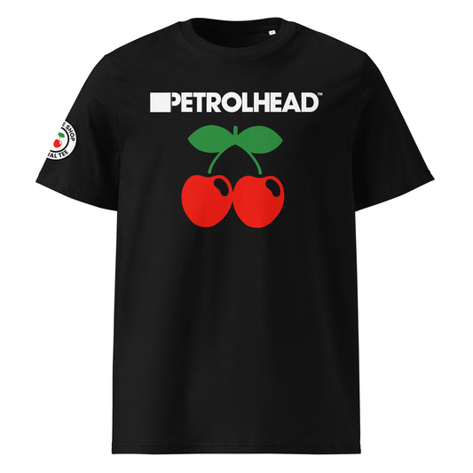 Front view of black unisex t-shirt with bold white PETROLHEAD™ slogan and large red cherries graphic with green leaves below. DTF print, perfect for car meet and club culture fans.
