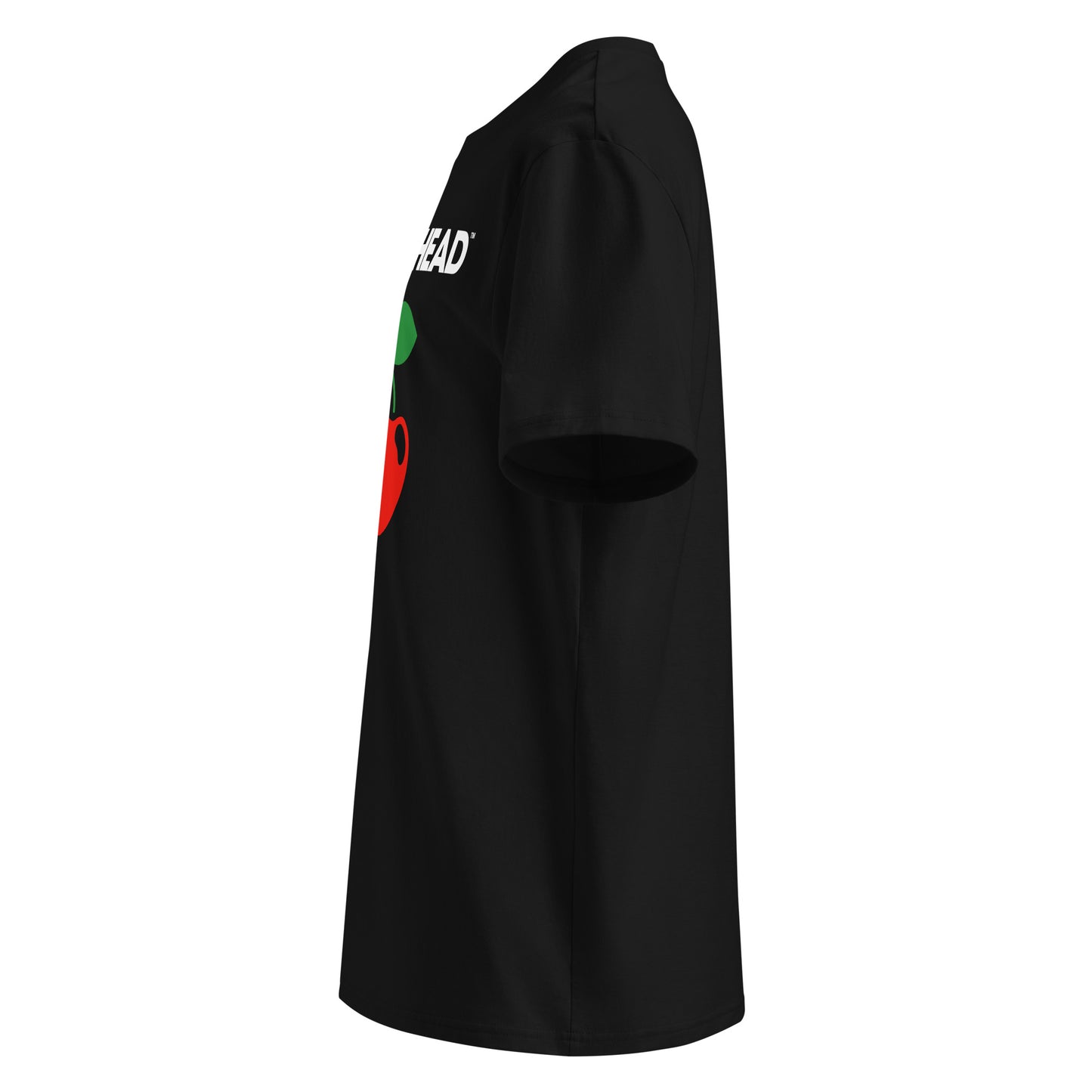 Left side view of black unisex t-shirt, plain sleeve, visible side of the PETROLHEAD™ slogan and large cherries graphic. Bold, playful car meet style.