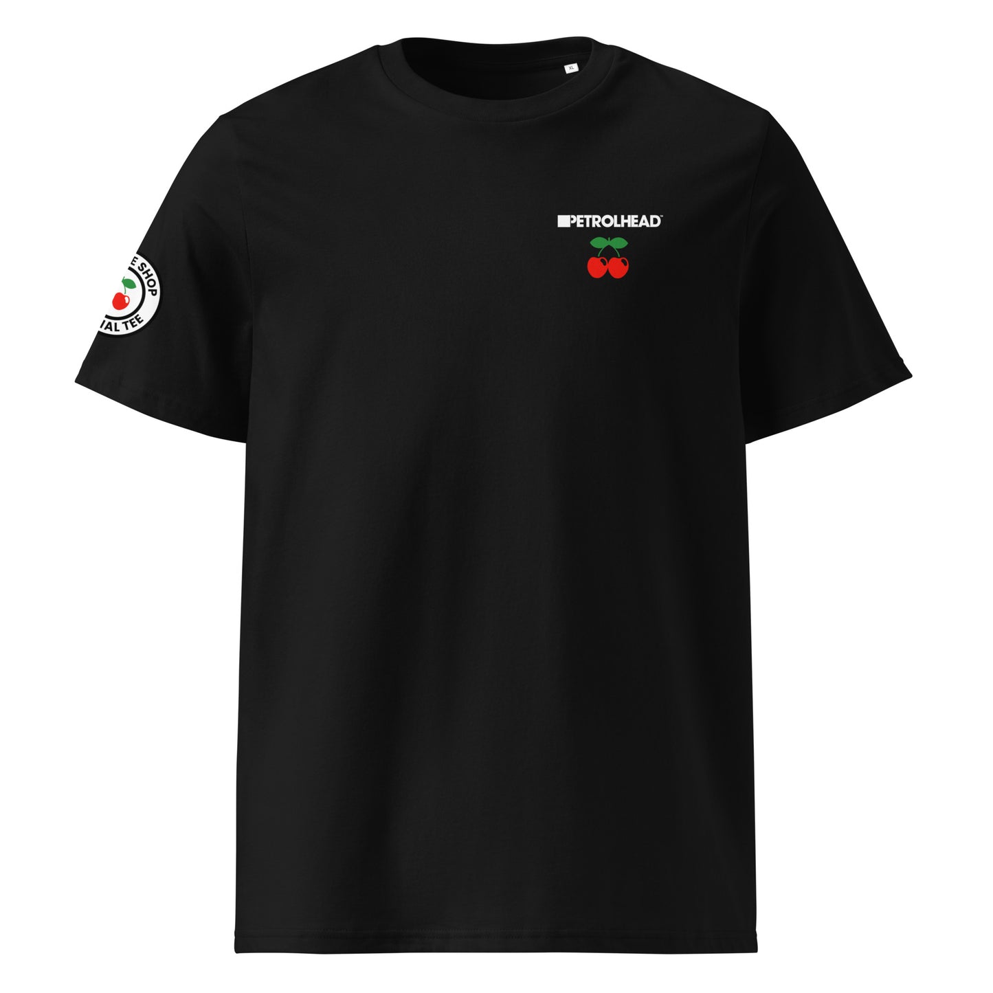 Front view of black unisex t-shirt with small white PETROLHEAD™ slogan and mini red cherries graphic on the left chest. DTF print, subtle car meet and club culture style.