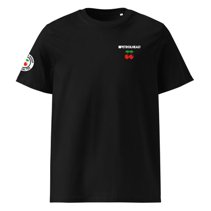 Front view of black unisex t-shirt with small white PETROLHEAD™ slogan and mini red cherries graphic on the left chest. DTF print, subtle car meet and club culture style.