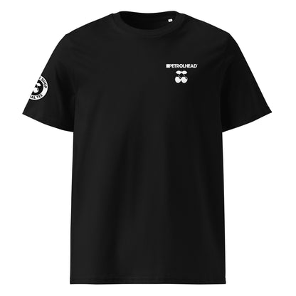 Front view of black unisex t-shirt with small white PETROLHEAD™ logo and mini cherries graphic on the left chest. DTF print, subtle car meet and club culture style.