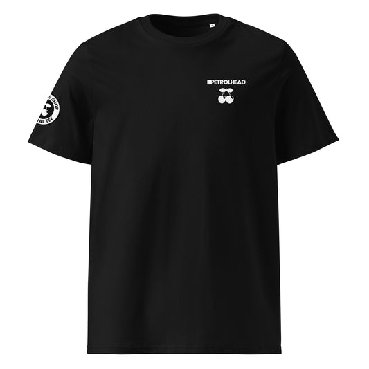Front view of black unisex t-shirt with small white PETROLHEAD™ logo and mini cherries graphic on the left chest. DTF print, subtle car meet and club culture style.