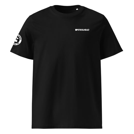 Front view of black unisex t-shirt with small white PETROLHEAD™ logo on the left chest. No cherries graphic. DTF print, perfect for clean, minimalist car meet style.