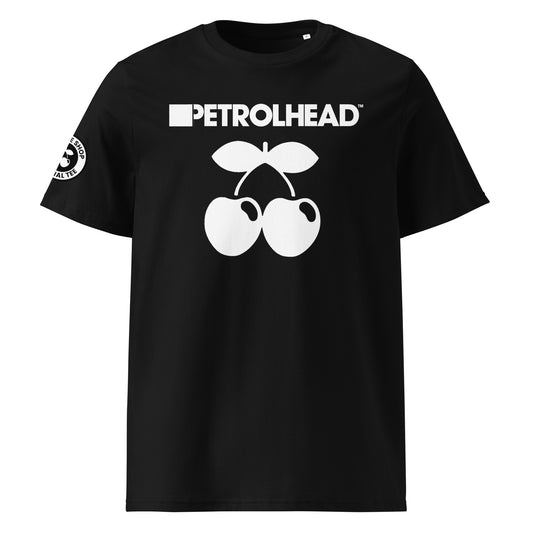 Front view of black unisex t-shirt with bold white PETROLHEAD™ slogan and large white cherries graphic below. DTF print, perfect for car meet and club culture fans.