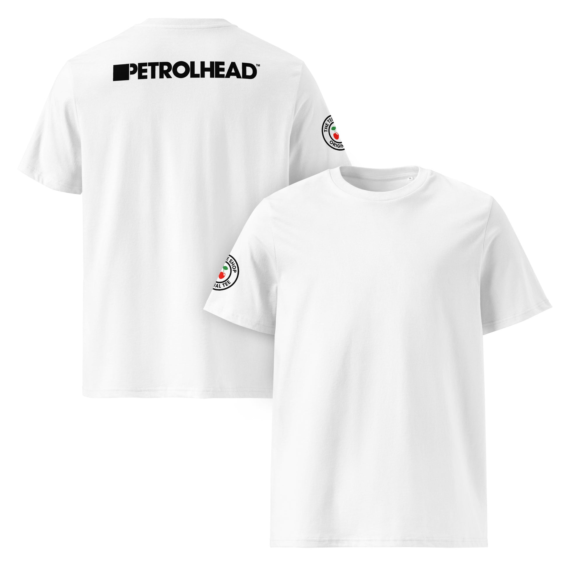 Front and back view of white unisex t-shirt with bold black PETROLHEAD™ slogan printed across the upper back. DTF print, perfect for car meet and music fans.