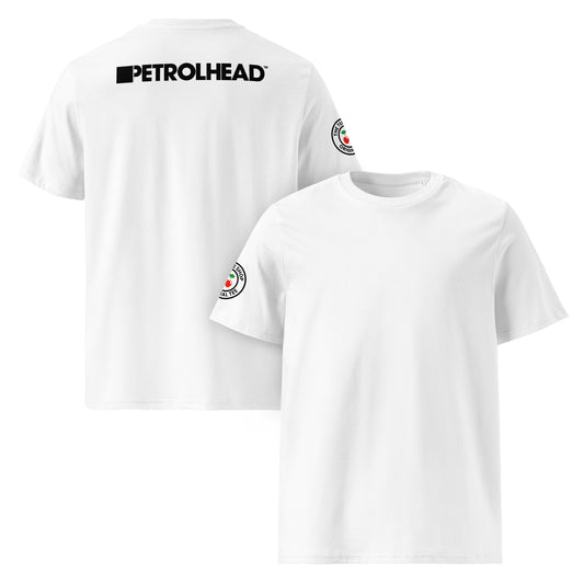 Front and back view of white unisex t-shirt with bold black PETROLHEAD™ slogan printed across the upper back. DTF print, perfect for car meet and music fans.