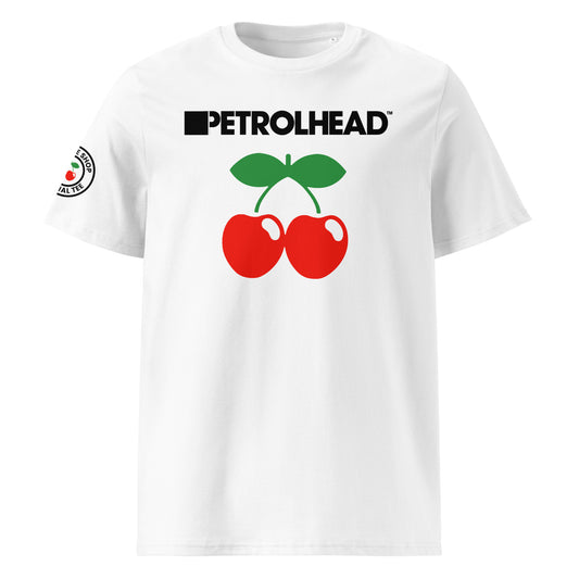 Front view of white unisex t-shirt with bold black PETROLHEAD™ slogan and large red cherries graphic with green leaves below. DTF print, perfect for car meet and club culture fans.