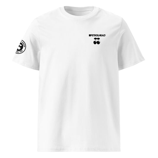 Front view of white unisex t-shirt with small black PETROLHEAD™ logo and mini cherries graphic on the left chest. DTF print, subtle car meet and club culture style.