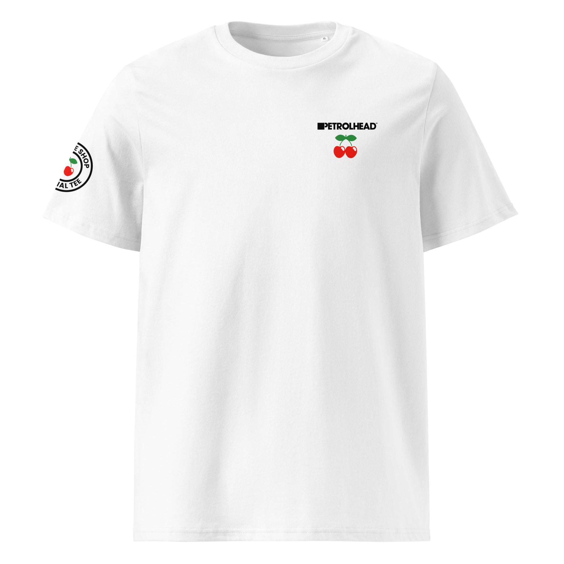 Front view of white unisex t-shirt with small black PETROLHEAD™ slogan and mini red cherries graphic on the left chest. DTF print, subtle car meet and club culture style.