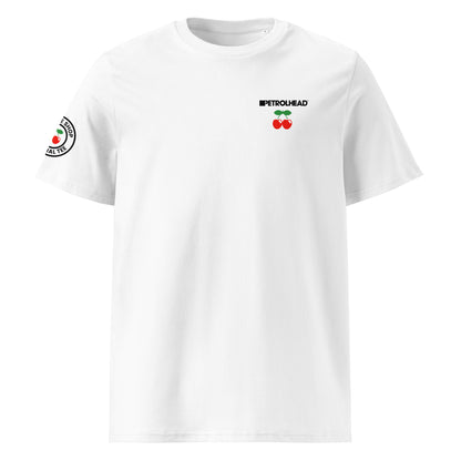 Front view of white unisex t-shirt with small black PETROLHEAD™ slogan and mini red cherries graphic on the left chest. DTF print, subtle car meet and club culture style.